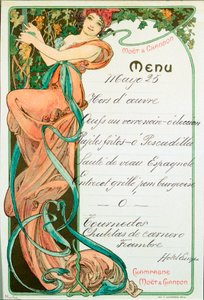 Menu gedrukt door Champagne Moet en Chandon voor een Franse specialiteitenmaaltijd. Illustratie door Alphonse Mucha door Alphonse Mucha
